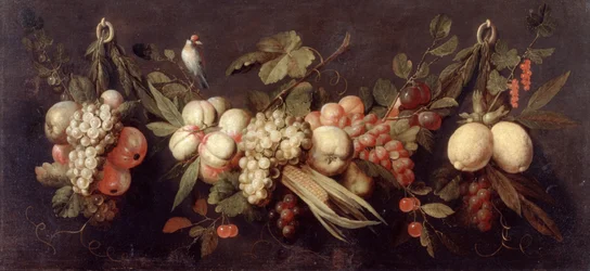Stilleben med frugt og en fugl